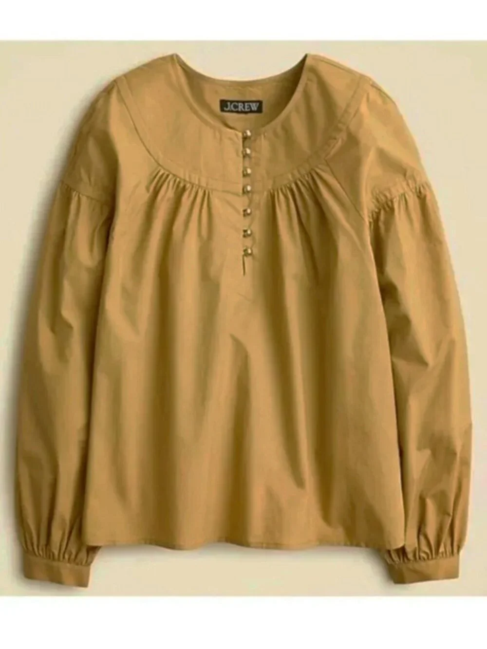 New J.Crew 100% Cotton Gold Button Shirred Popover Blouse Camel XS